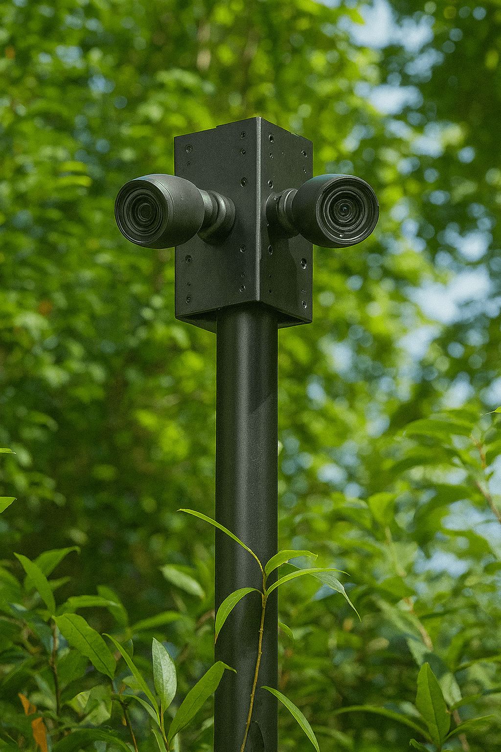 Twee camera's op een donkere paal, weggewerkt tegen de haag