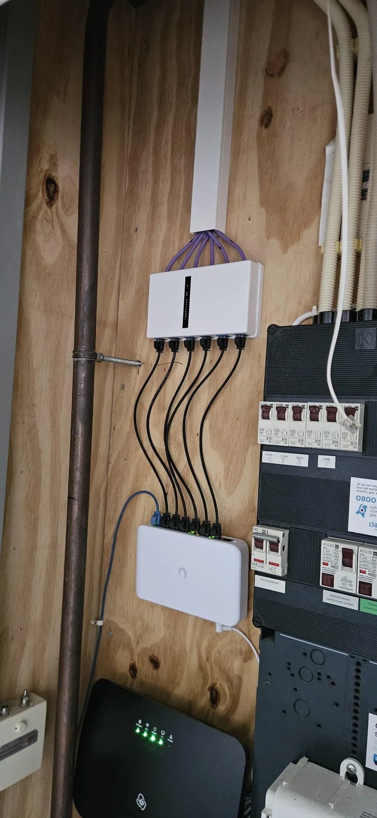 Meterkast met een witte keystonebox, paarse kabels uit een goot en een witte switch op een houten plaat
