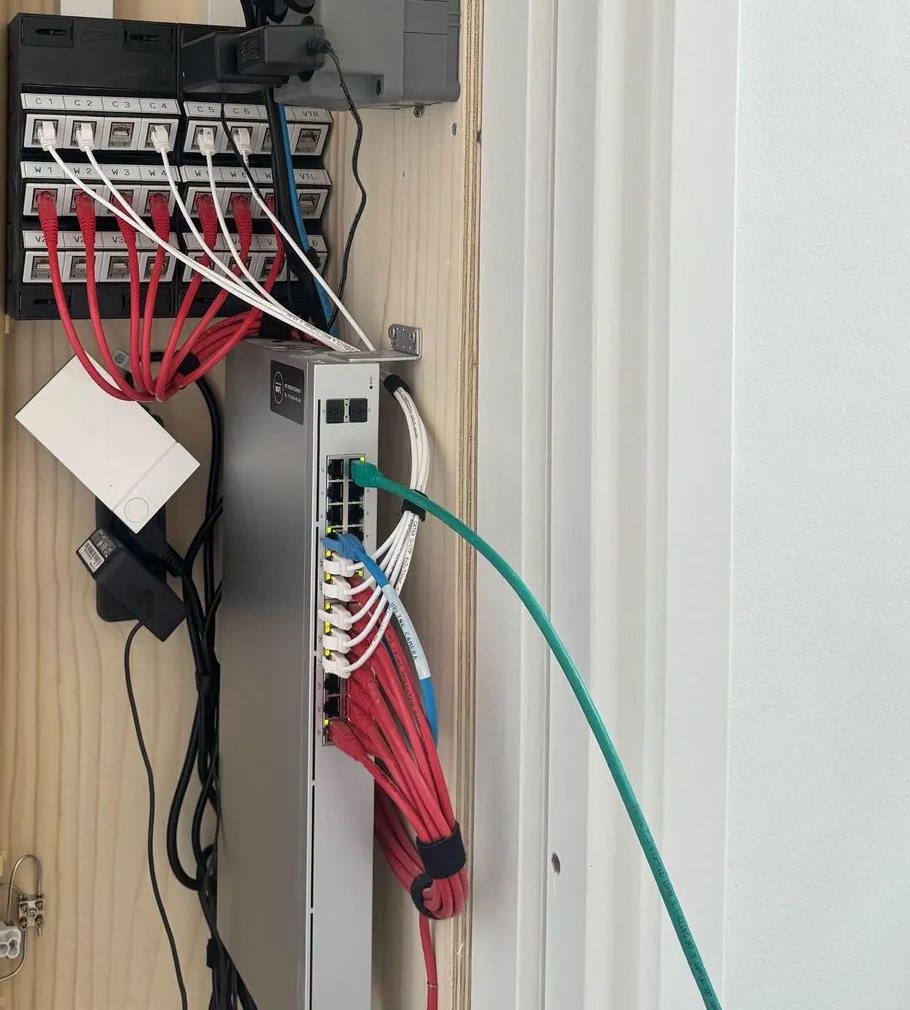 Patchpaneel met rode en witte kabels boven een grijze UniFi-switch in een meterkast