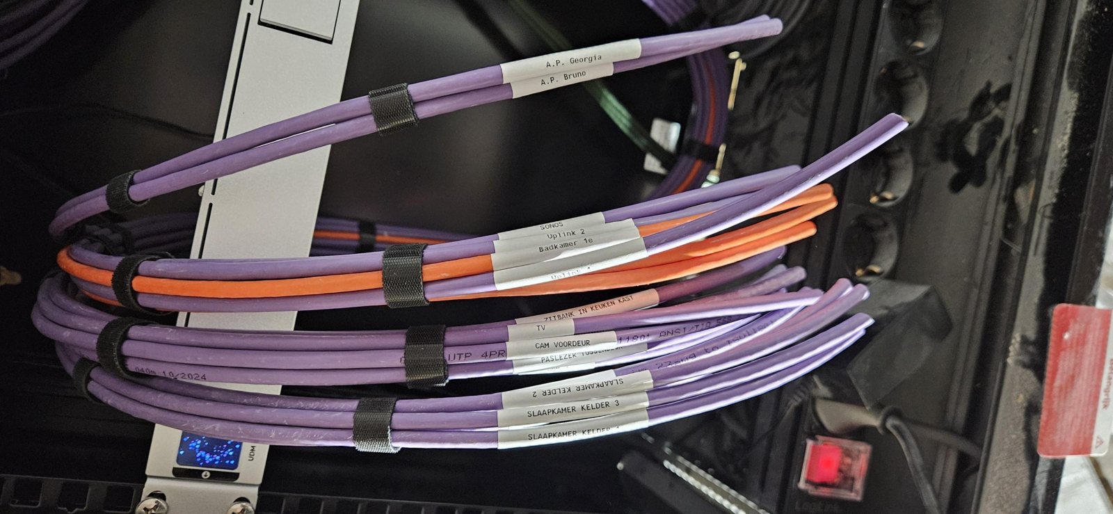 Gelabelde paarse netwerkkabels netjes gebundeld in een kast
