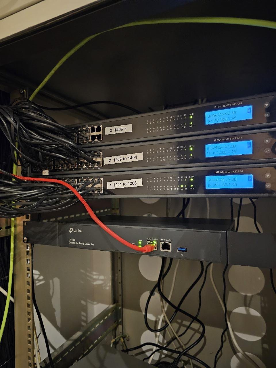 Rack met drie switches met blauwe displays en daaronder een controller